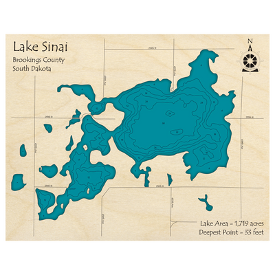 Bathymetric topo map of Lake Sinai, SD with roads, towns and depths noted in blue water.
