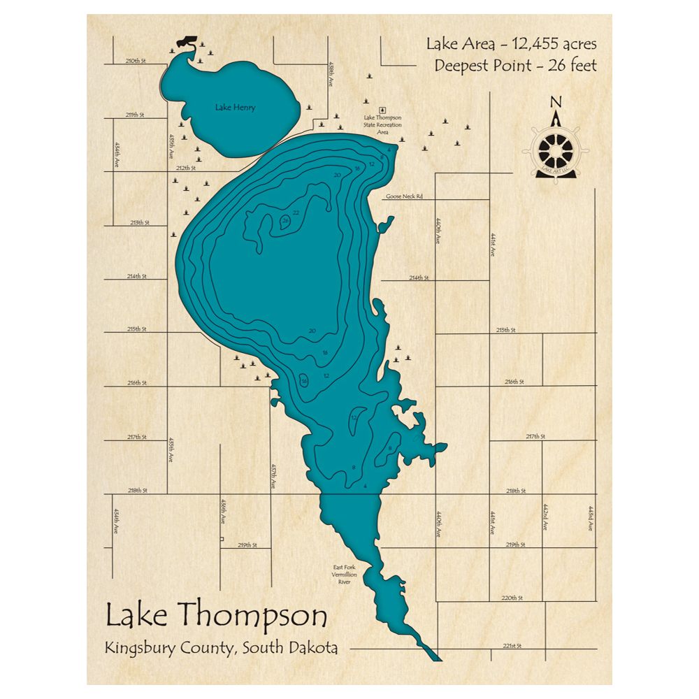 Bathymetric topo map of Lake Thompson, SD with roads, towns and depths noted in blue water.