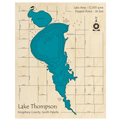 Bathymetric topo map of Lake Thompson, SD with roads, towns and depths noted in blue water.