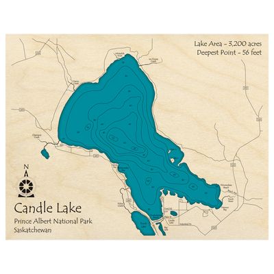 Bathymetric topo map of Candle Lake, SK with roads, towns and depths noted in blue water.
