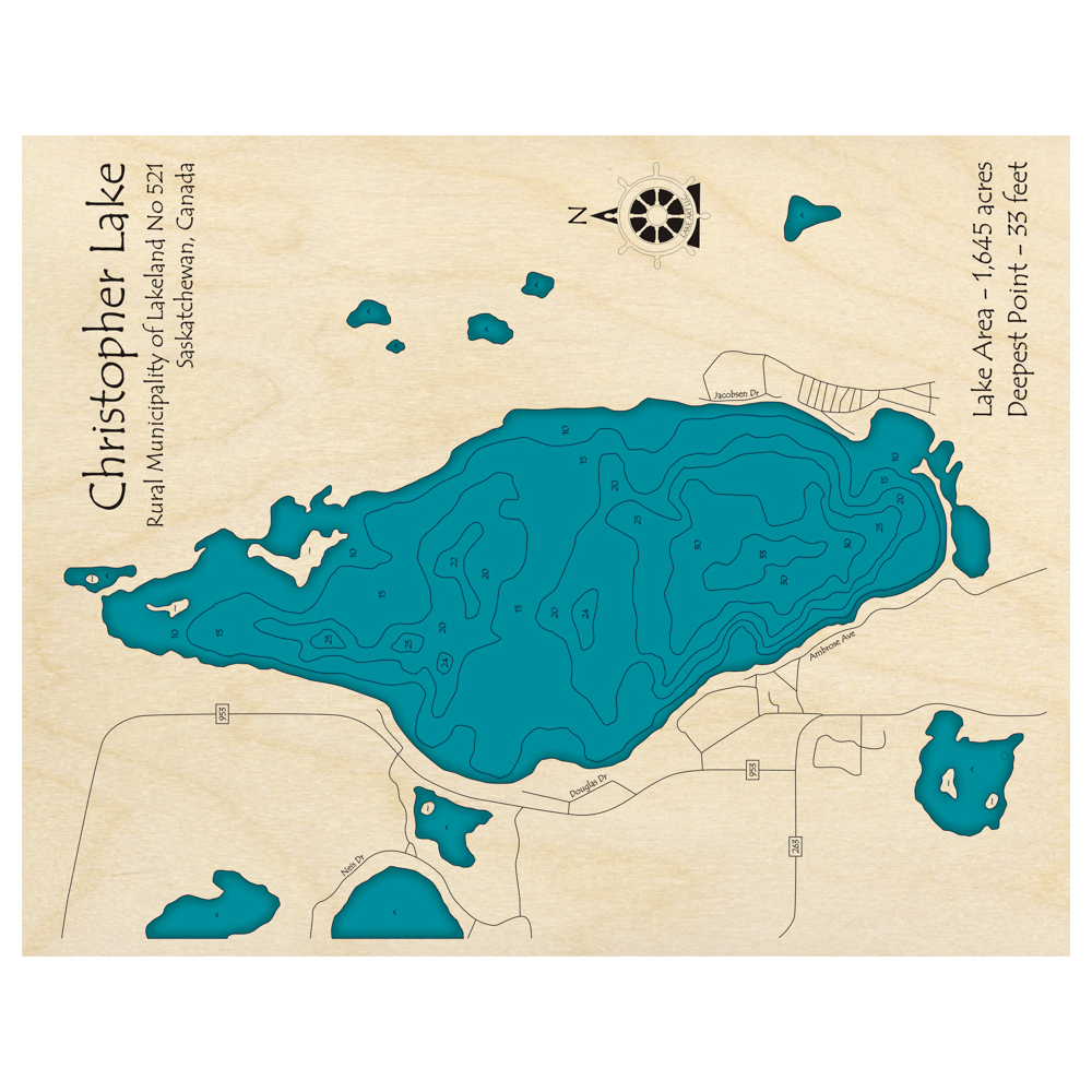 Bathymetric topo map of Christopher Lake, SK with roads, towns and depths noted in blue water.