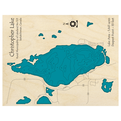 Bathymetric topo map of Christopher Lake, SK with roads, towns and depths noted in blue water.