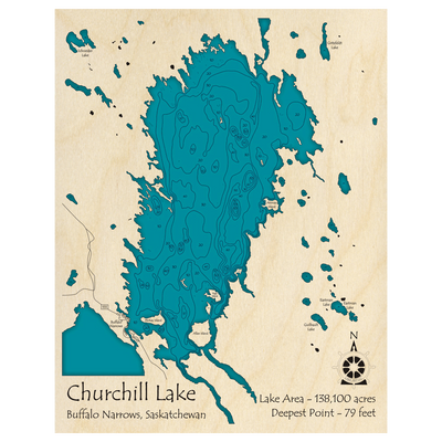 Bathymetric topo map of Churchill Lake, SK with roads, towns and depths noted in blue water.