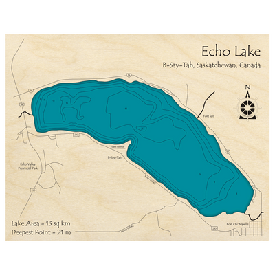 Bathymetric topo map of Echo Lake, SK with roads, towns and depths noted in blue water.
