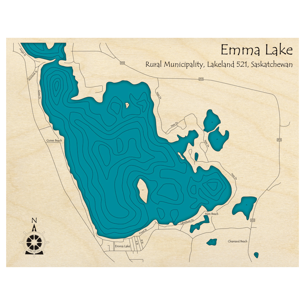 Bathymetric topo map of Emma Lake, SK with roads, towns and depths noted in blue water.