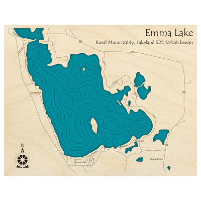 Bathymetric topo map of Emma Lake, SK with roads, towns and depths noted in blue water.