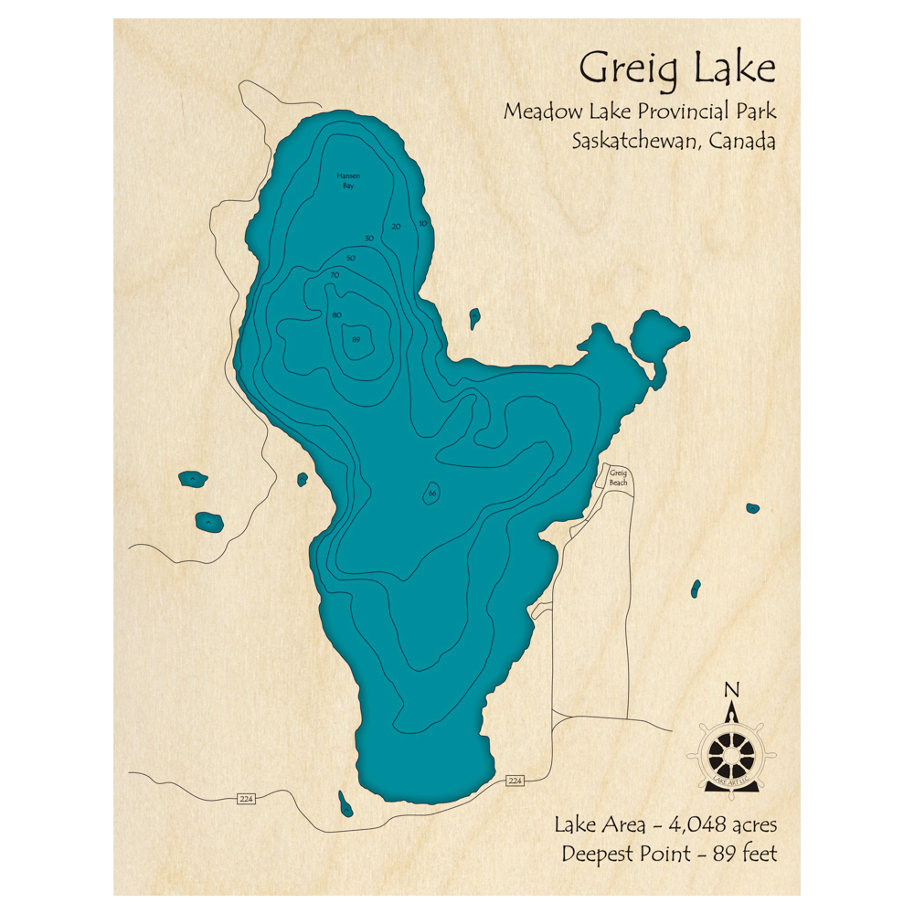 Bathymetric topo map of Greig Lake, SK with roads, towns and depths noted in blue water.