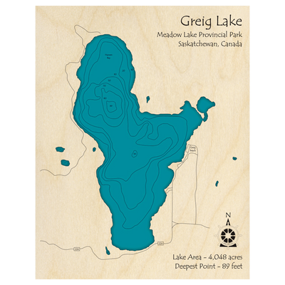 Bathymetric topo map of Greig Lake, SK with roads, towns and depths noted in blue water.