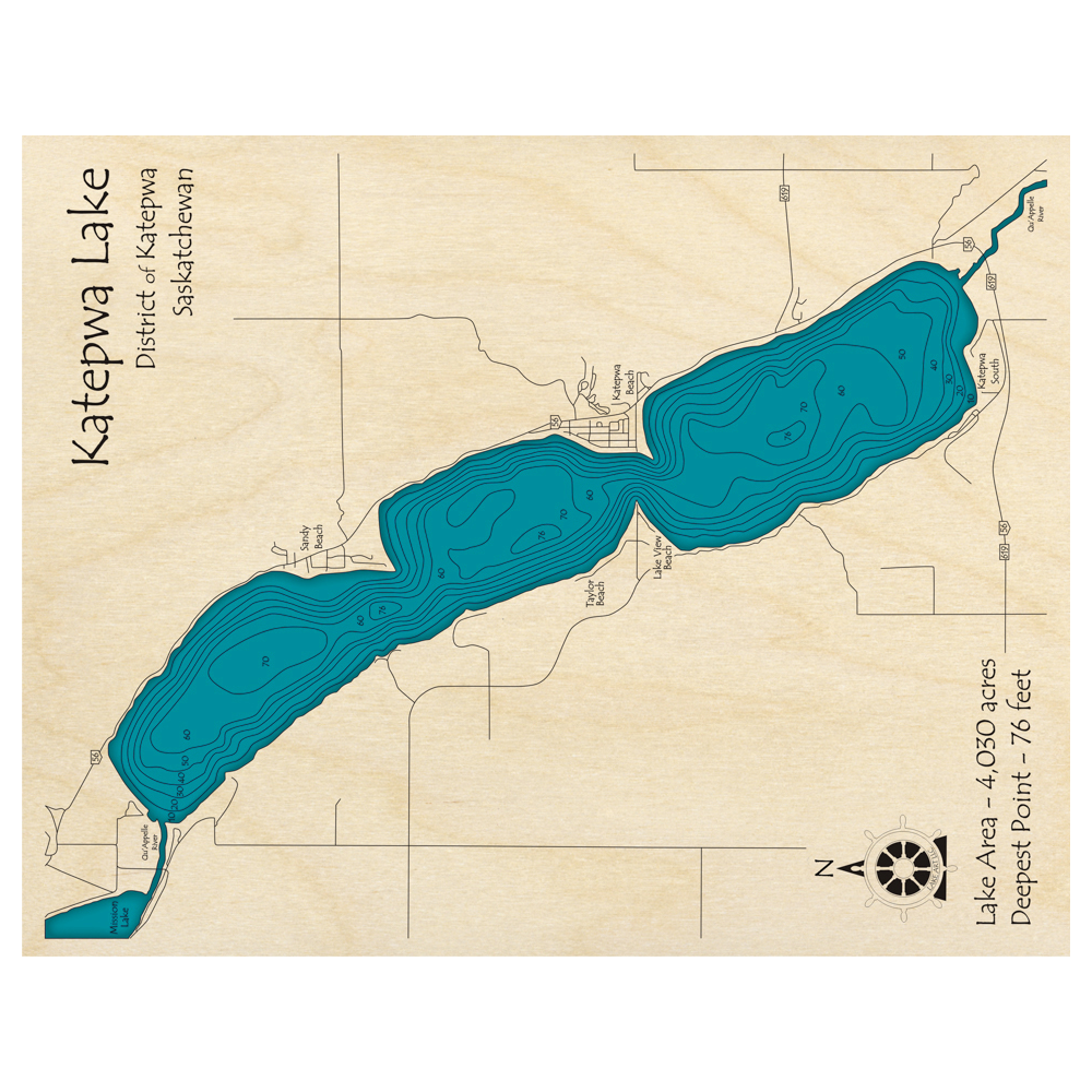 Bathymetric topo map of Katepwa Lake, SK with roads, towns and depths noted in blue water.
