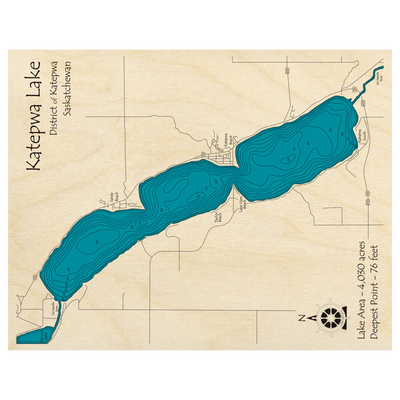 Bathymetric topo map of Katepwa Lake, SK with roads, towns and depths noted in blue water.