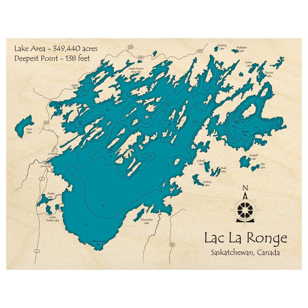 Bathymetric topo map of Lac La Ronge, SK with roads, towns and depths noted in blue water.