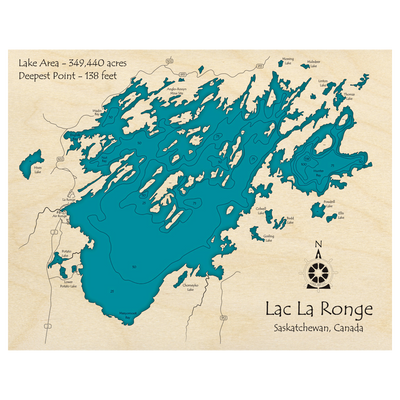 Bathymetric topo map of Lac La Ronge, SK with roads, towns and depths noted in blue water.