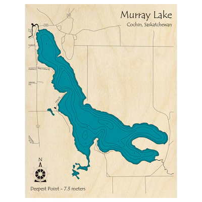 Bathymetric topo map of Murray Lake, SK with roads, towns and depths noted in blue water.