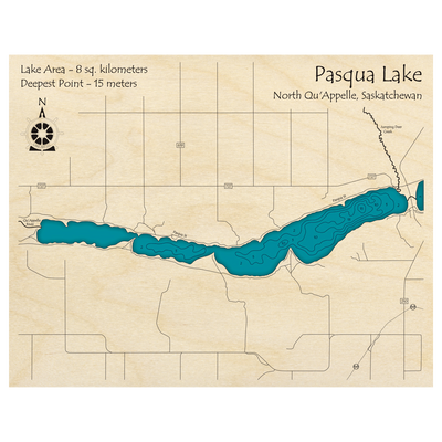 Bathymetric topo map of Pasqua Lake, SK with roads, towns and depths noted in blue water.