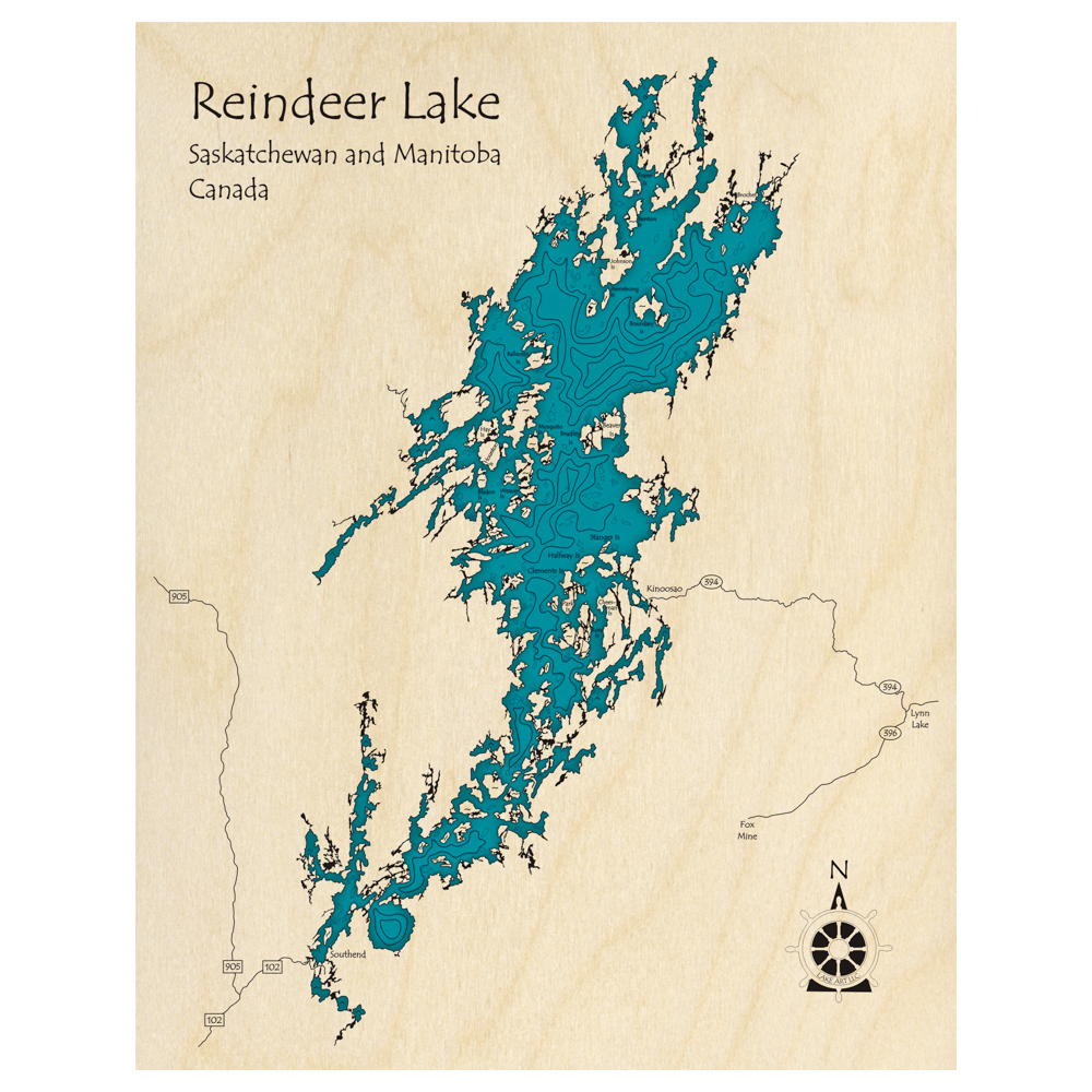 Bathymetric topo map of Reindeer Lake (MB, SK) with roads, towns and depths noted in blue water.