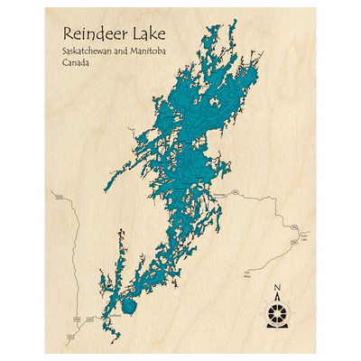 Bathymetric topo map of Reindeer Lake (MB, SK) with roads, towns and depths noted in blue water.