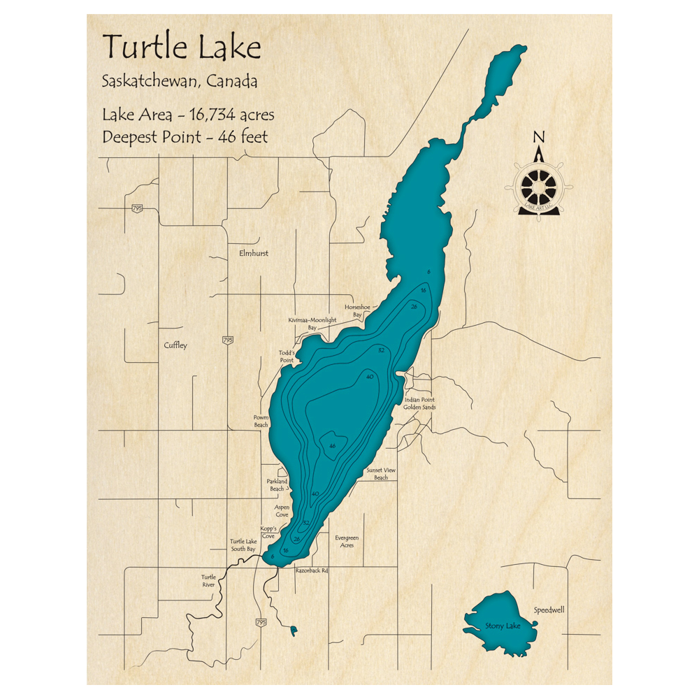 Bathymetric topo map of Turtle Lake, SK with roads, towns and depths noted in blue water.