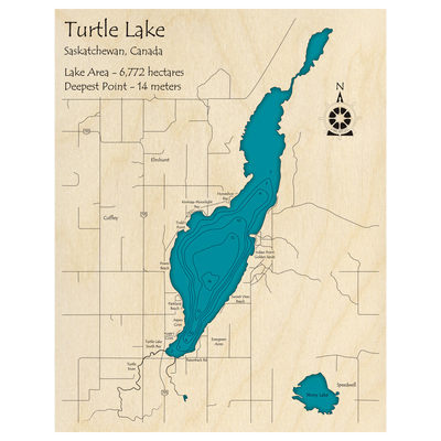 Bathymetric topo map of Turtle Lake, SK with roads, towns and depths noted in blue water.