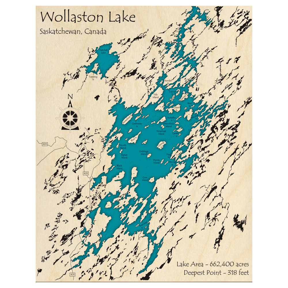 Bathymetric topo map of Wollaston Lake, SK with roads, towns and depths noted in blue water.