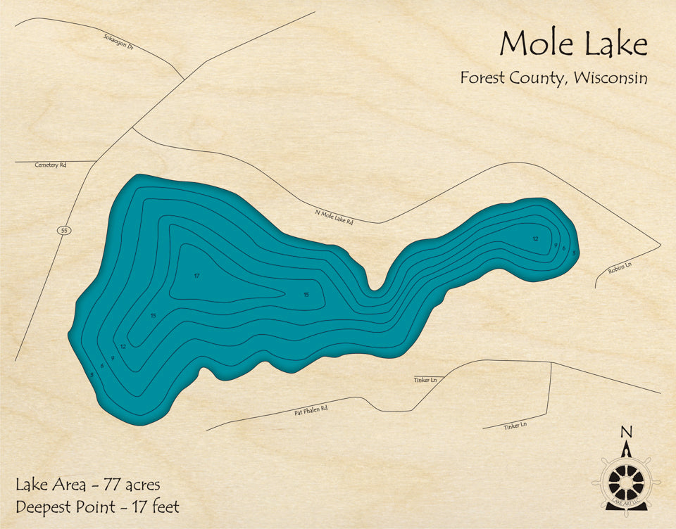Bathymetric topo map of Mole Lake, WI with roads, towns and depths noted in blue water.