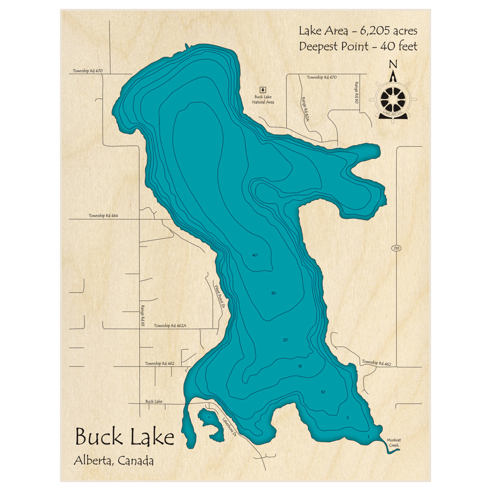 Bathymetric topo map of Buck Lake with roads, towns and depths noted in blue water