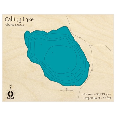 Bathymetric topo map of Calling Lake with roads, towns and depths noted in blue water