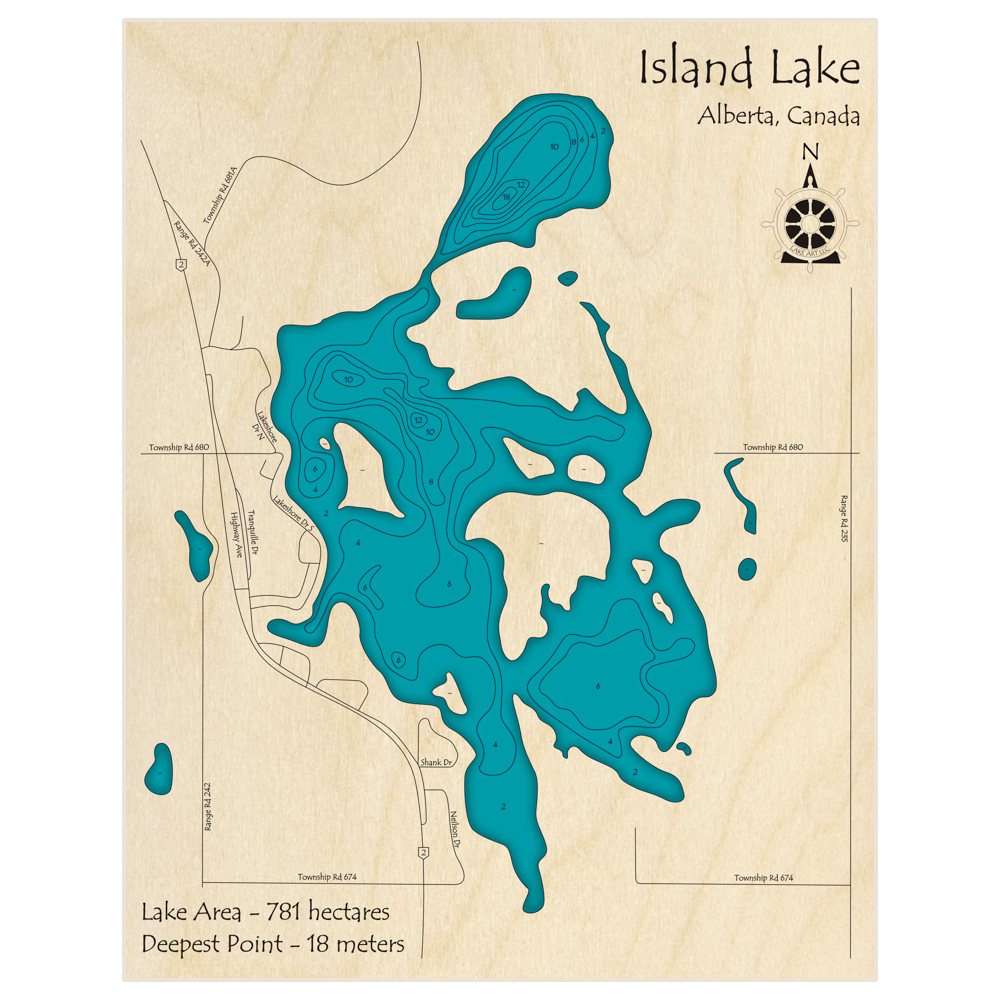Bathymetric topo map of Island Lake with roads, towns and depths noted in blue water
