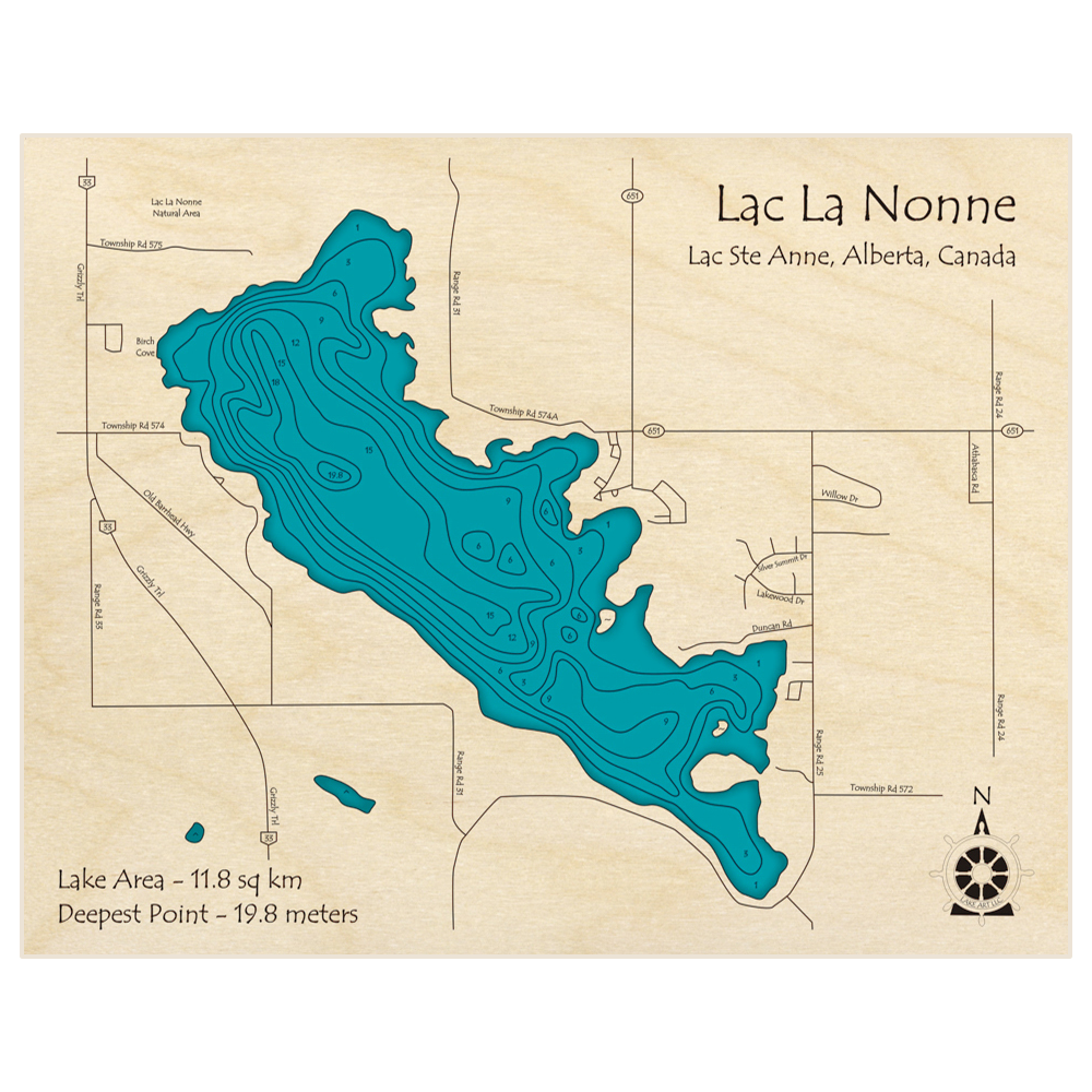 Bathymetric topo map of Lac La Nonne with roads, towns and depths noted in blue water