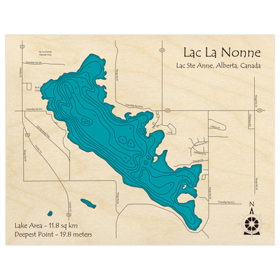 Bathymetric topo map of Lac La Nonne with roads, towns and depths noted in blue water