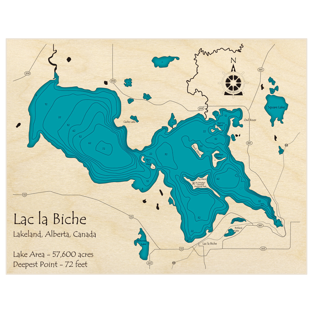 Bathymetric topo map of Lac la Biche with roads, towns and depths noted in blue water