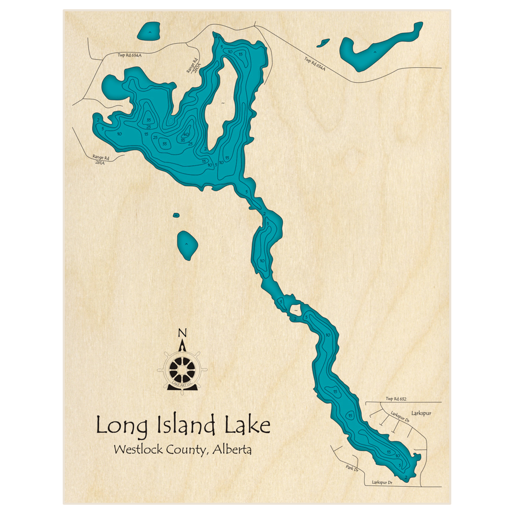 Bathymetric topo map of Long Island Lake with roads, towns and depths noted in blue water