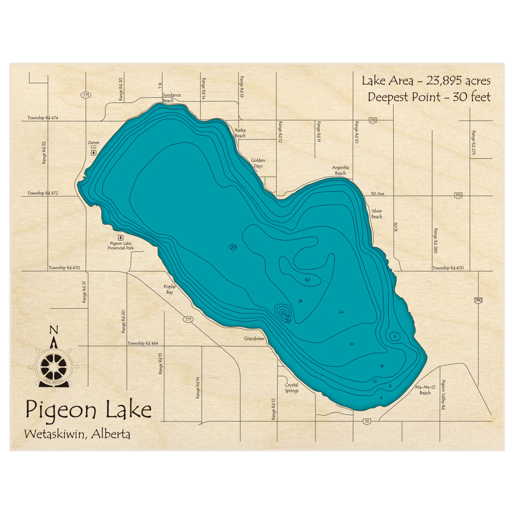 Bathymetric topo map of Pigeon Lake with roads, towns and depths noted in blue water