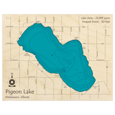 Bathymetric topo map of Pigeon Lake with roads, towns and depths noted in blue water