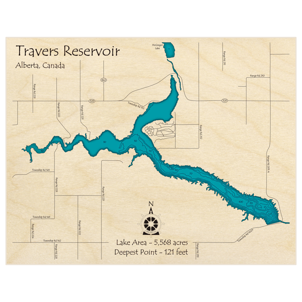 Bathymetric topo map of Travers Reservoir with roads, towns and depths noted in blue water
