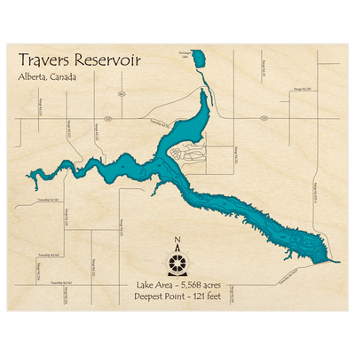 Bathymetric topo map of Travers Reservoir with roads, towns and depths noted in blue water