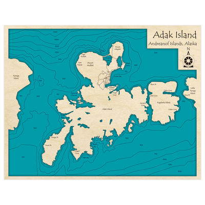 Bathymetric topo map of Adak Island with roads, towns and depths noted in blue water