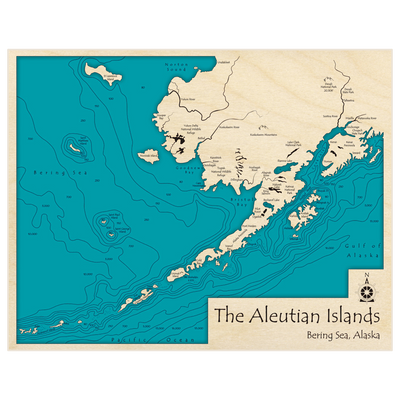 Bathymetric topo map of The Aleutian Islands with roads, towns and depths noted in blue water