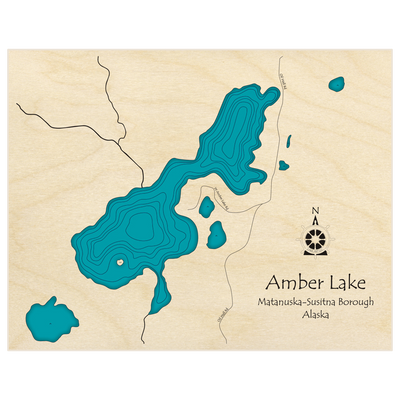 Bathymetric topo map of Amber Lake with roads, towns and depths noted in blue water