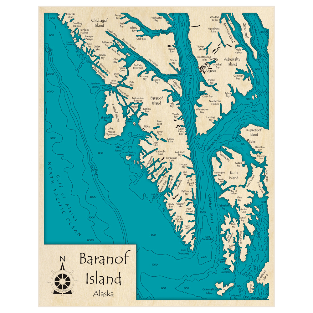 Bathymetric topo map of Baranof Island with roads, towns and depths noted in blue water