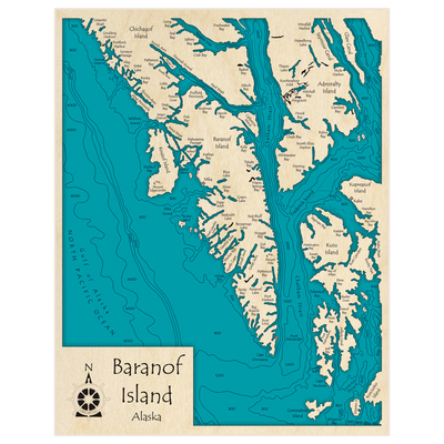 Bathymetric topo map of Baranof Island with roads, towns and depths noted in blue water