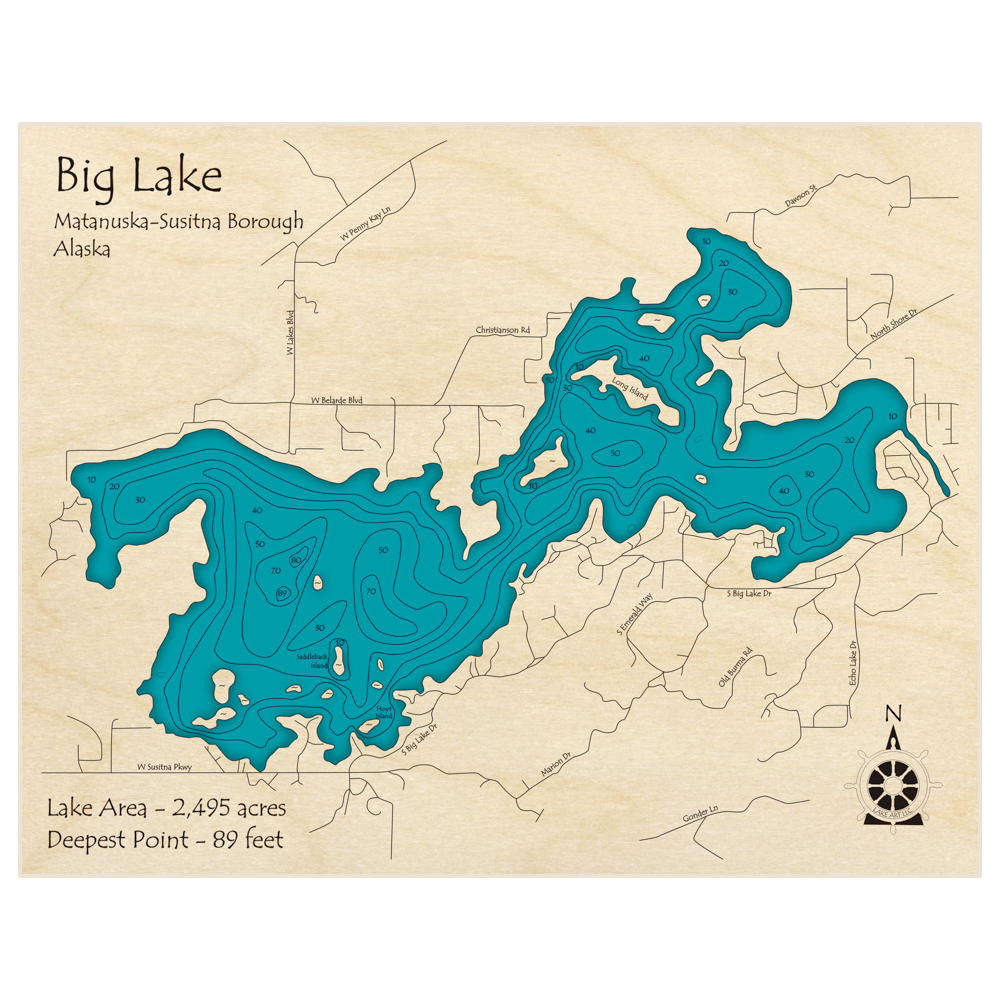 Bathymetric topo map of Big Lake with roads, towns and depths noted in blue water