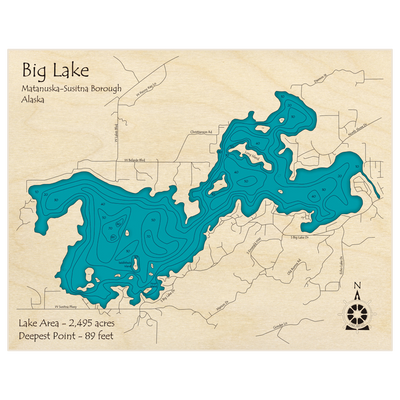 Bathymetric topo map of Big Lake with roads, towns and depths noted in blue water