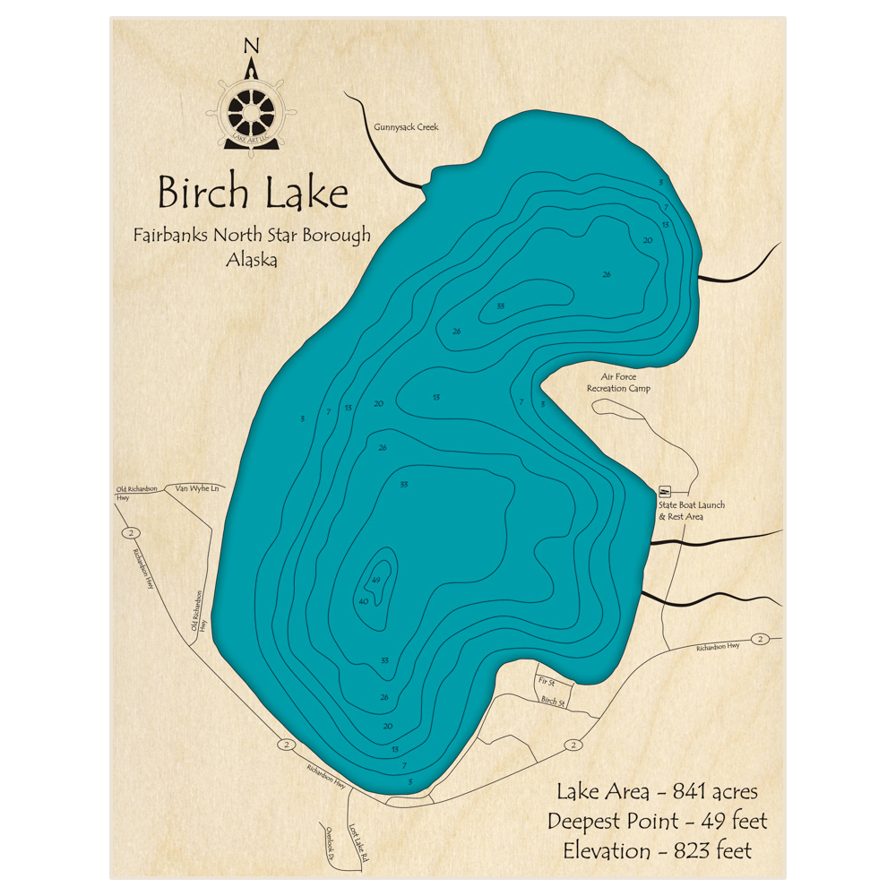 Bathymetric topo map of Birch Lake with roads, towns and depths noted in blue water