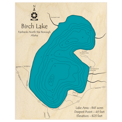 Bathymetric topo map of Birch Lake with roads, towns and depths noted in blue water