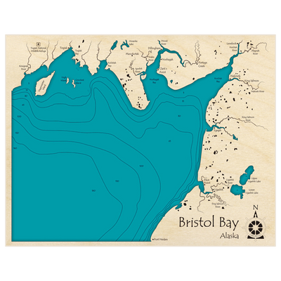 Bathymetric topo map of Bristol Bay with roads, towns and depths noted in blue water
