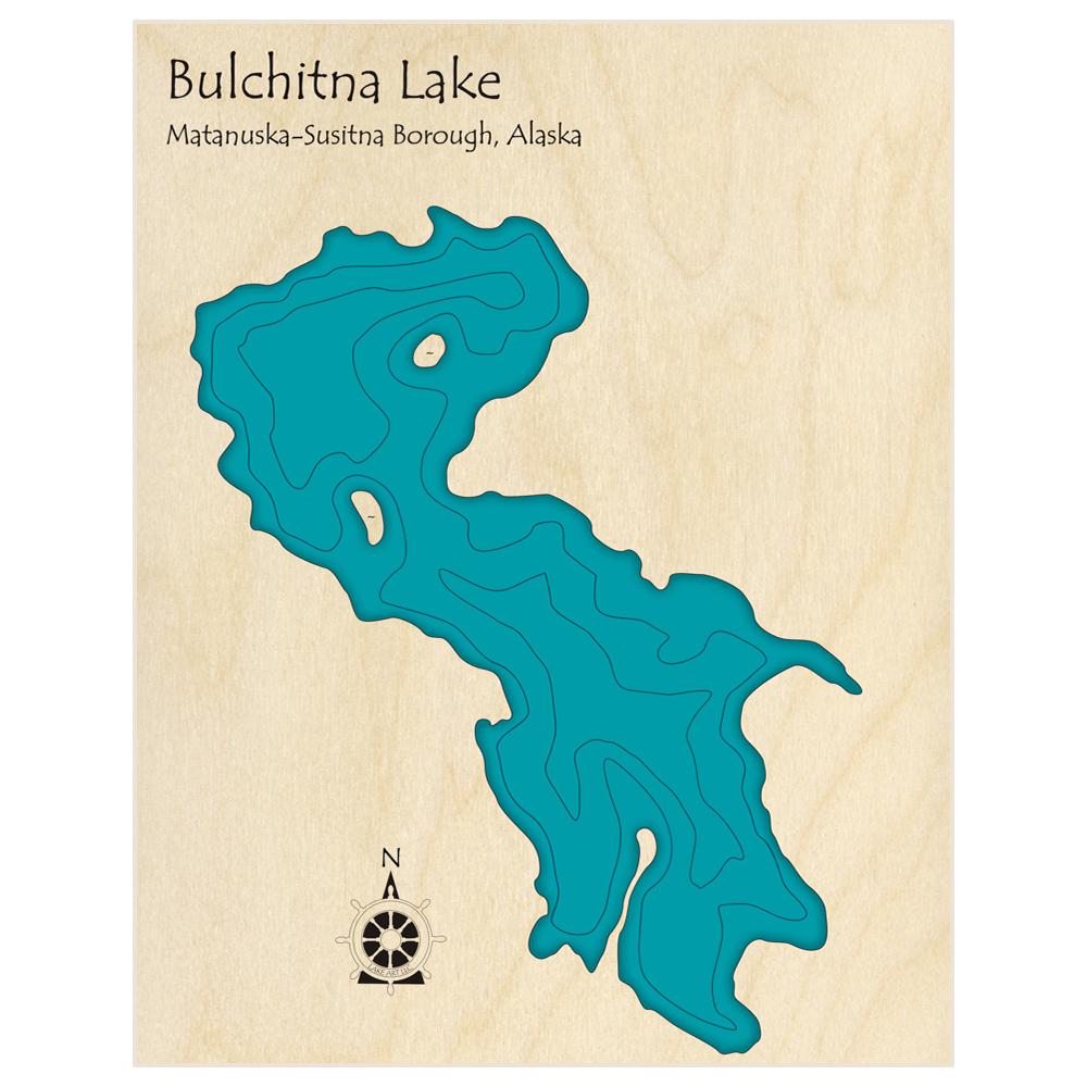 Bathymetric topo map of Bulchitna Lake  with roads, towns and depths noted in blue water