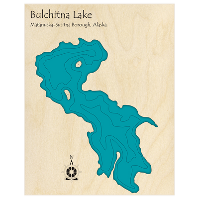 Bathymetric topo map of Bulchitna Lake  with roads, towns and depths noted in blue water