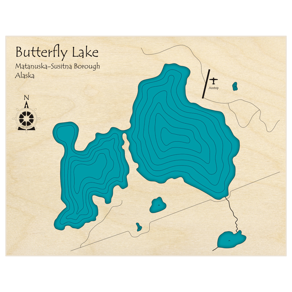 Bathymetric topo map of Butterfly Lake  with roads, towns and depths noted in blue water