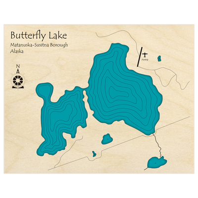 Bathymetric topo map of Butterfly Lake  with roads, towns and depths noted in blue water