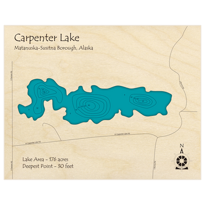 Bathymetric topo map of Carpenter Lake with roads, towns and depths noted in blue water